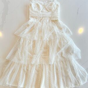 Lulus White Tulle Polka Dot Maxi/Midi Dress